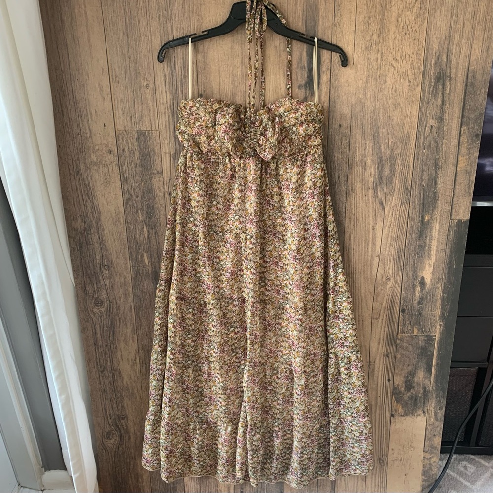 Womens Medium Maxi Tan Floral Halter Dress